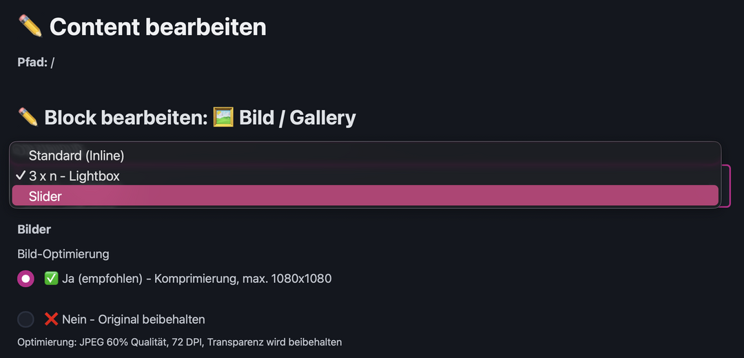 Verschiedene Modi der Galerie